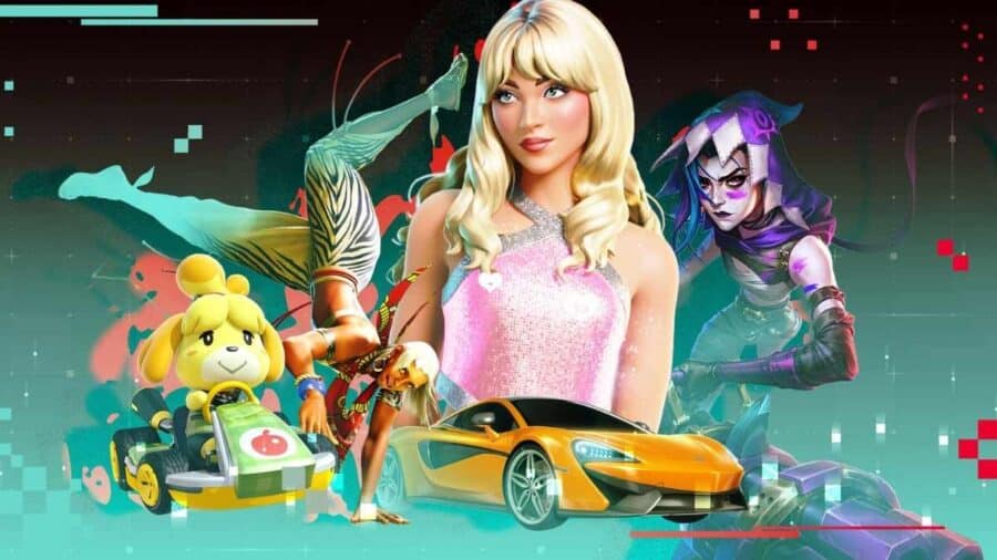 Illustrazione promozionale con diversi personaggi e veicoli ispirati al mondo dei videogiochi multiplayer, tra racing game, shooter e titoli social online.