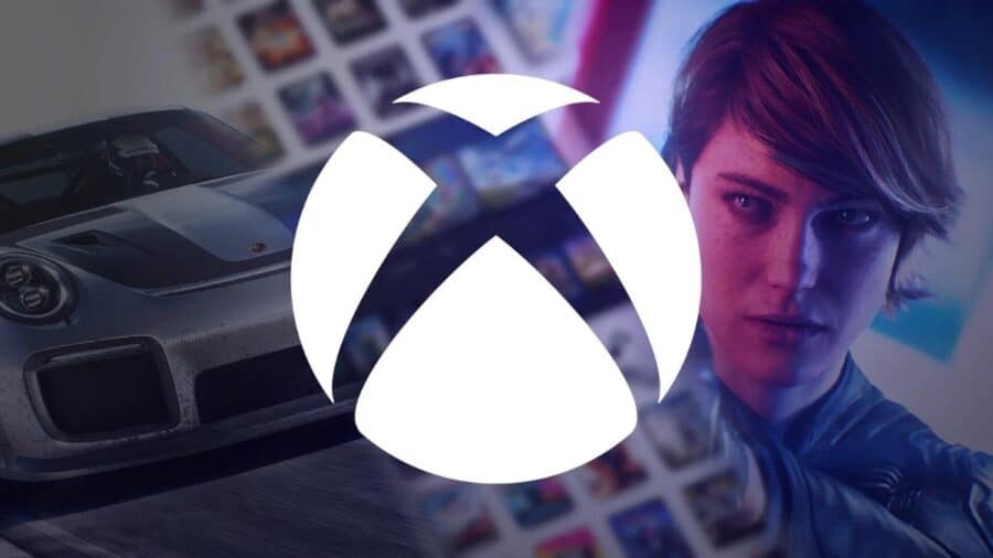 Immagine promozionale con il logo bianco di Xbox al centro, affiancato a sinistra da un'auto sportiva di Forza Motorsport e a destra dal volto di un personaggio femminile dei videogiochi.