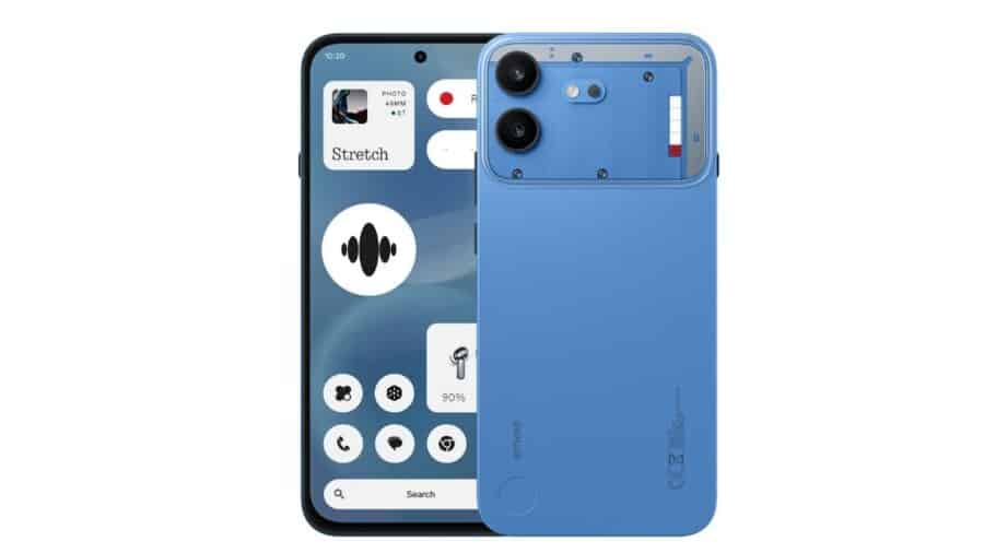 Nothing Phone (4b) blu, schermo acceso e retro affiancati