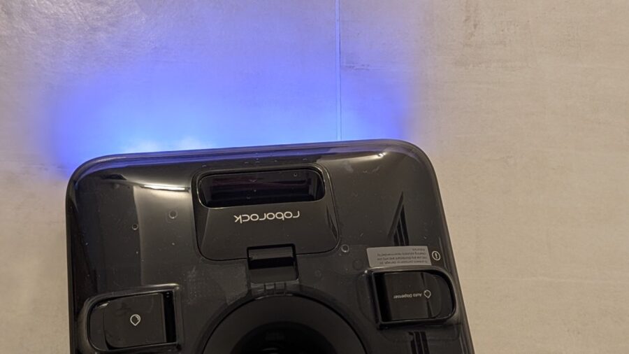 Retro della base di ricarica della Roborock F25 Steam con luce blu e Auto Dispenser