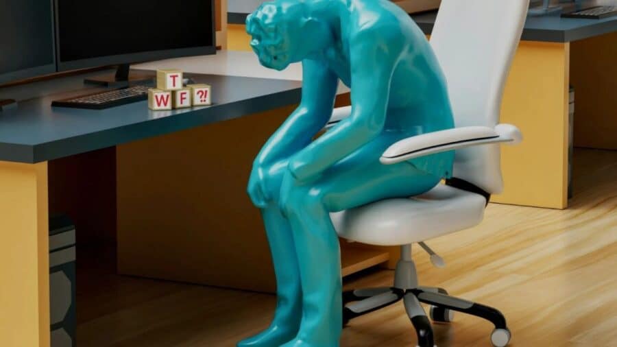 Rendering 3D di una figura umanoide di colore azzurro lucido seduta su una sedia da ufficio bianca, visibilmente accasciata e stressata davanti al computer. Sulla scrivania dei cubi compongono la scritta "WTF?!".