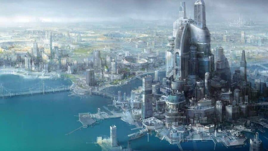 Concept art fantascientifico di un'immensa metropoli futuristica costruita sull'acqua, dominata da grattacieli ipertecnologici dalle forme curve e complesse reti di trasporto.