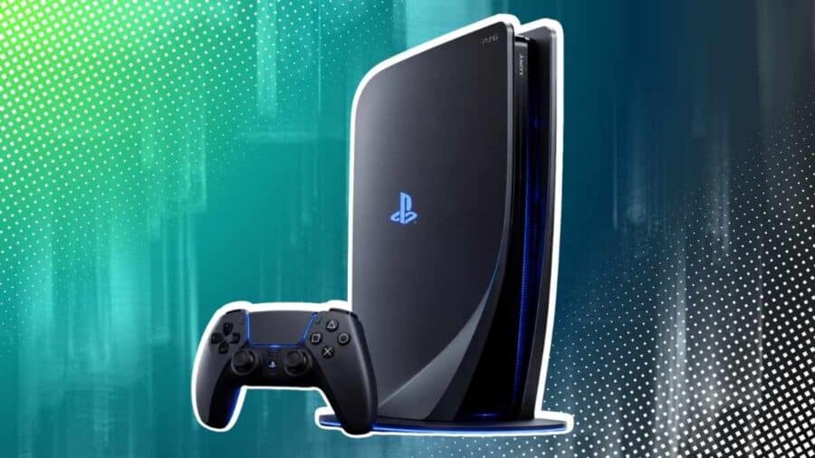 Concept render di una PlayStation 6 dal design nero e slanciato, affiancata da un controller scuro, scontornata su uno sfondo grafico astratto verde acqua e nero con texture a puntini.