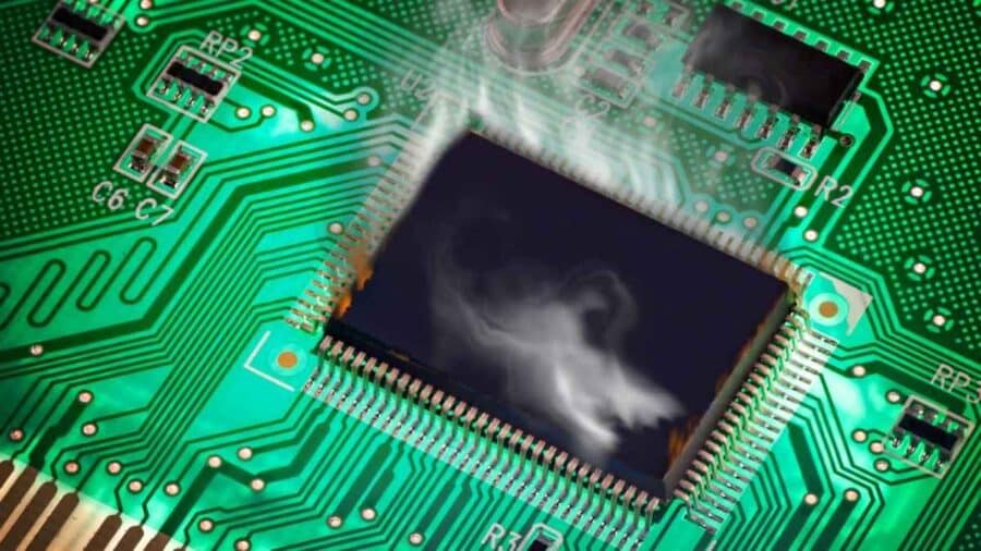 Un processore nero montato su una scheda madre verde da cui fuoriesce un denso fumo bianco, a simboleggiare un grave cortocircuito o un surriscaldamento estremo dell'hardware.