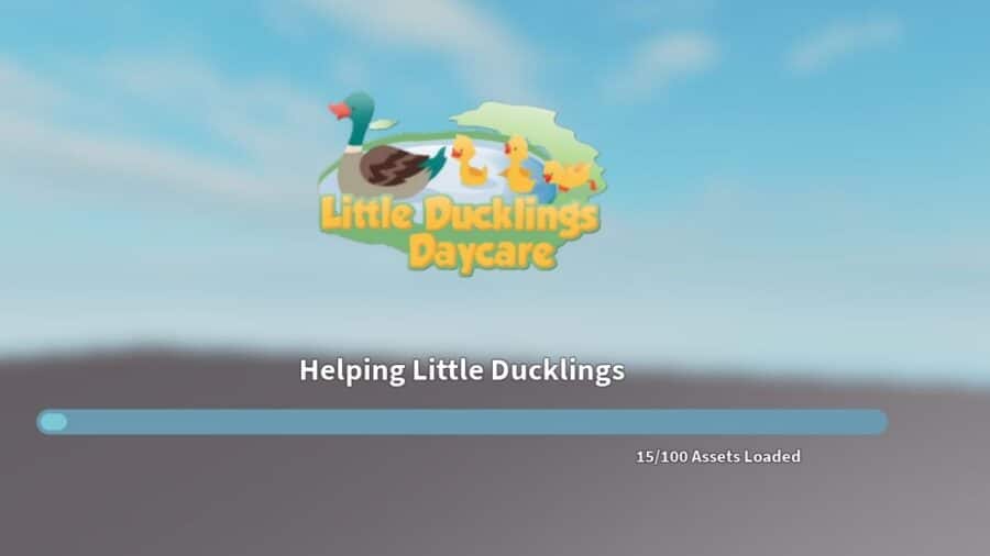Schermata di caricamento dal design colorato e in stile cartoon del videogioco "Little Ducklings Daycare", con una barra di progressione azzurra che indica il caricamento in corso degli asset grafici.