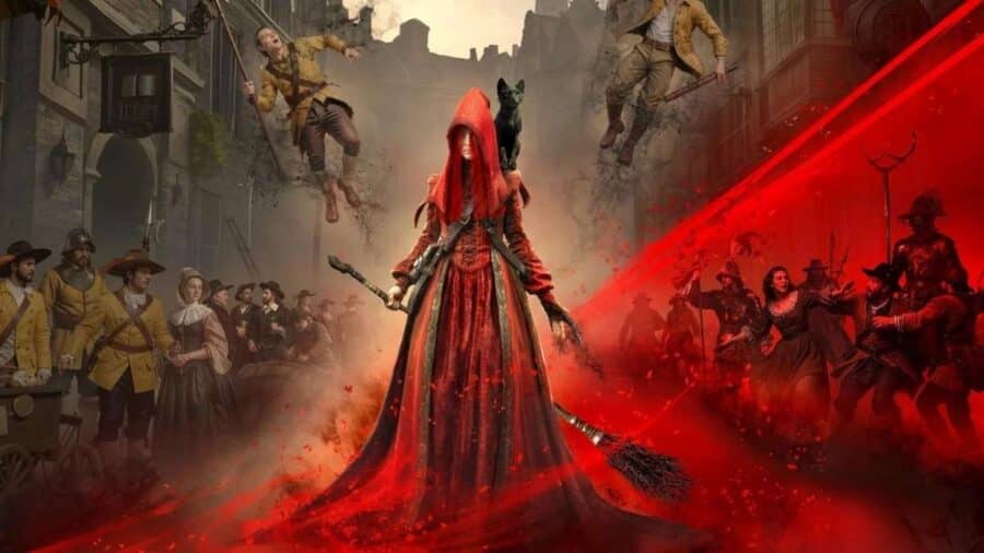 Artwork ufficiale di 1666: Amsterdam che mostra la strega Noa al centro, avvolta in un mantello rosso con un gatto nero sulla spalla e una scopa magica in mano. Intorno a lei, in una strada cittadina immersa nella nebbia, guardie in abiti del diciassettesimo secolo fluttuano a mezz'aria in preda al caos.