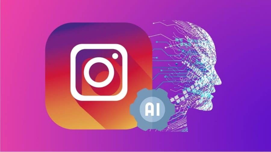 Illustrazione grafica su sfondo sfumato viola e rosa che affianca il logo quadrato di Instagram a un profilo umano stilizzato, composto da circuiti digitali luminescenti, e a un ingranaggio grigio con la scritta "AI".