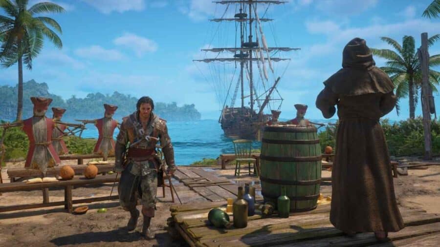 Edward Kenway cammina su un molo sabbioso ai Caraibi affiancato da un monaco e da manichini per l'addestramento, con un veliero ancorato nelle acque turchesi sullo sfondo.