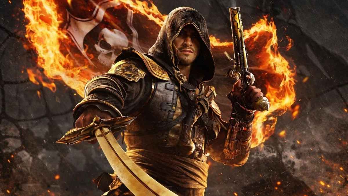 Artwork promozionale in cui il protagonista Edward Kenway, con il cappuccio da Assassino calato sul volto, impugna una sciabola e una pistola davanti a una gigantesca bandiera pirata avvolta dalle fiamme.