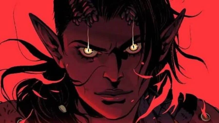 Illustrazione a fumetti in stile dark di Karlach, la barbara Tiefling di Baldur's Gate 3, ritratta in primo piano con occhi luminosi e un'espressione intensa su uno sfondo rosso fuoco.