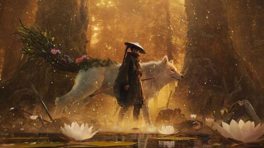 Posa eroica di Emma e del lupo Koo immersi in una suggestiva luce dorata, mentre camminano in uno specchio d'acqua circondati da fiori di loto bianchi giganti in primo piano.