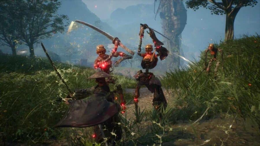 Emma, la protagonista, combatte con la sua katana contro due nemici scheletrici cibernetici dai nuclei rossi luminosi in un campo erboso.