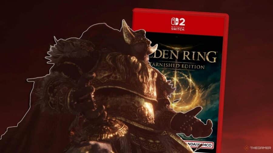 Custodia promozionale del gioco Elden Ring Tarnished Edition per Nintendo Switch 2 con copertina dedicata al Generale Radahn e logo ufficiale della console.