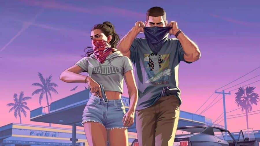 Artwork ufficiale in stile illustrato di GTA 6 che mostra i due protagonisti, Lucia e Jason, mentre camminano decisi coprendosi metà del viso con delle bandane. Lucia impugna una pistola. Sullo sfondo si notano un minimarket, un'auto d'epoca, uccelli in volo e delle palme sotto un cielo al tramonto.