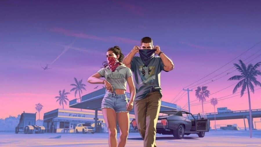 Artwork ufficiale di GTA 6 con i protagonisti Jason e Lucia che camminano determinati coprendosi il volto con bandane, davanti a una stazione di servizio e a un'auto sportiva al tramonto.