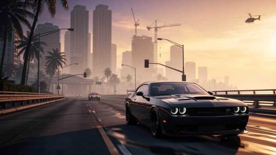 Una muscle car nera sfreccia a tutta velocità su un'autostrada urbana al tramonto, inseguita da una volante della polizia con un elicottero in volo sopra i grattacieli di Vice City.