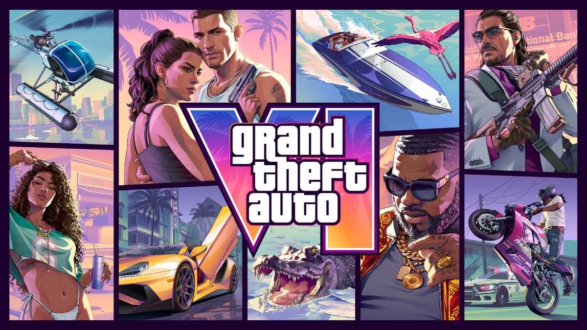 Poster promozionale a mosaico di Grand Theft Auto VI con il logo al centro, circondato dai protagonisti Jason e Lucia, motoscafi, elicotteri, supercar gialla, alligatori e scene d'azione urbane.