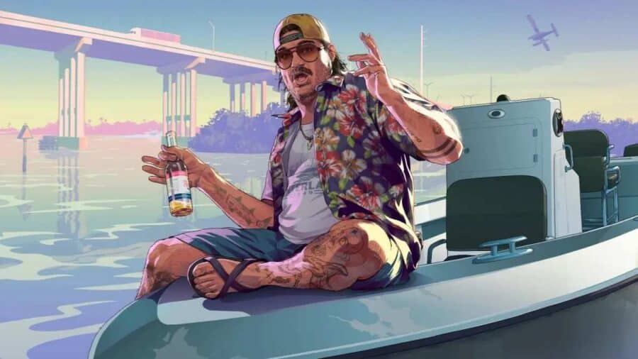 Illustrazione di un uomo tatuato con camicia hawaiana aperta, occhiali da sole e cappellino al contrario, seduto sulla prua di una barca mentre impugna una bottiglia di birra.