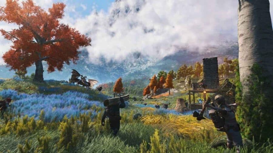 Schermata di gioco di Light No Fire ambientata in un lussureggiante paesaggio fantasy. In primo piano, alcuni giocatori trasportano pesanti tronchi di legno per costruire un rifugio rustico. Sullo sfondo, tra alberi dalle chiome autunnali e alte montagne innevate, un drago spicca il volo.