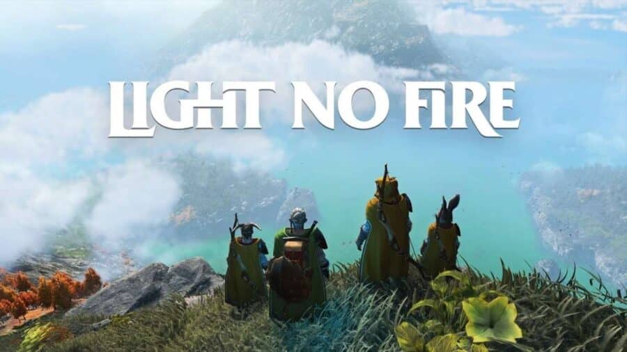 Immagine promozionale con il grande logo bianco di Light No Fire che campeggia nel cielo. In primo piano, quattro avventurieri fantasy con mantelli e fattezze diverse (tra cui animali antropomorfi) osservano dall'alto di una scogliera erbosa un vasto oceano azzurro circondato da montagne.