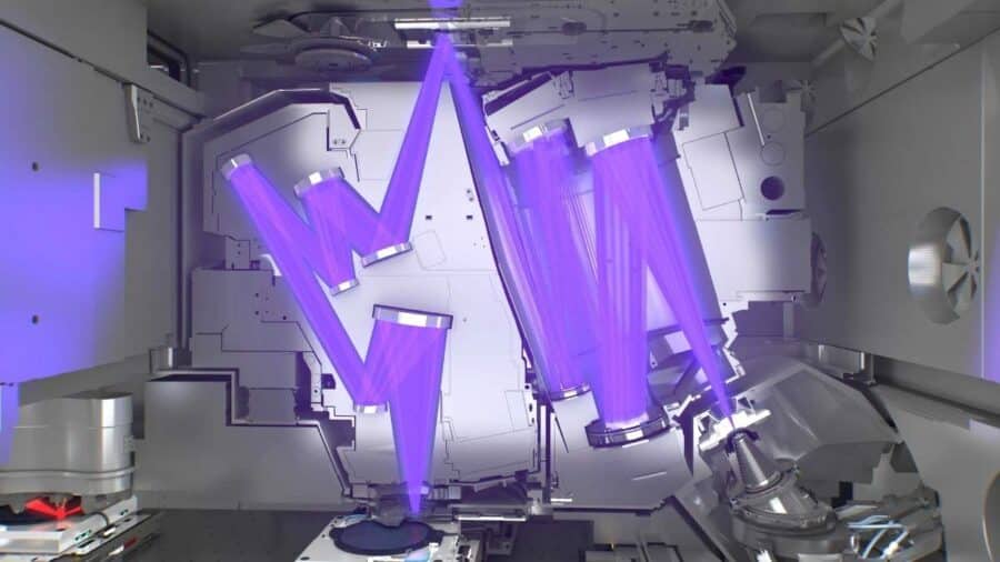 Rendering 3D dell'interno di una macchina litografica, che illustra il percorso di potenti fasci di luce ultravioletta di colore viola mentre rimbalzano su una serie di specchi angolati per poi concentrarsi su un disco di silicio alla base.
