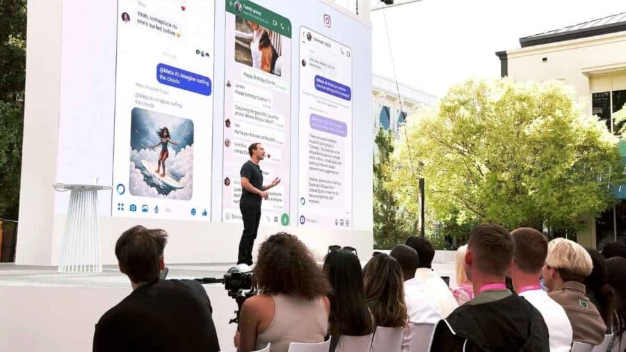Mark Zuckerberg in piedi su un palco all'aperto presenta le novità a un pubblico seduto, mentre un maxischermo alle sue spalle mostra tre schermate di smartphone con le interfacce di chat di Meta A