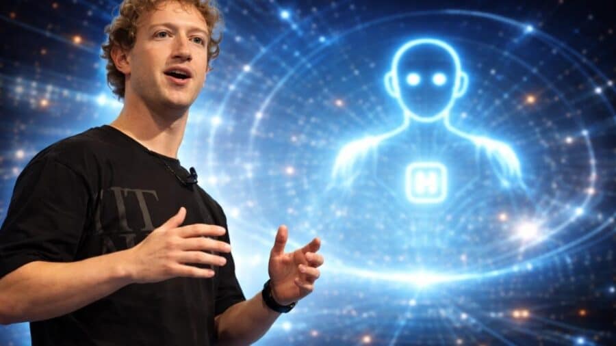 Mark Zuckerberg parla sul palco durante una presentazione, affiancato sullo sfondo da una grande figura umanoide stilizzata e luminosa, di colore azzurro, che simboleggia un'intelligenza artificiale.