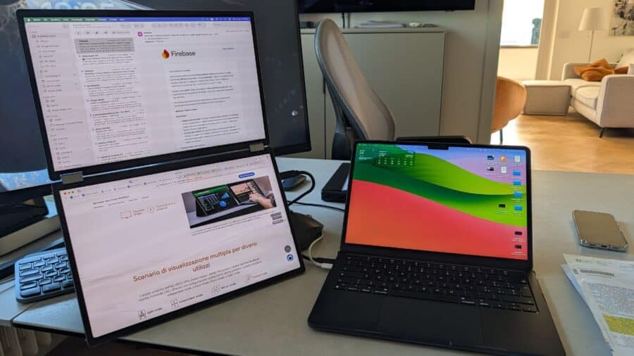 ASUS ZenScreen Duo OLED MQ149CD con la schermata delle modalità Split, Independent, Mirror ed Extend