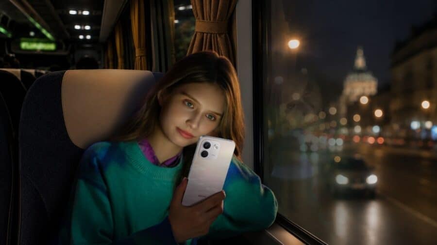 Ragazza su un autobus notturno stringe Redmi Note 17 nella colorazione chiara con finitura sfumata