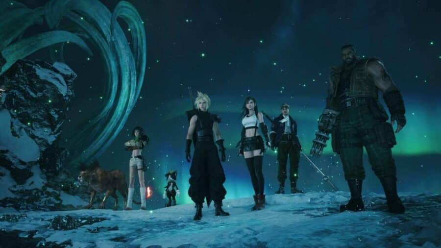 Il gruppo dei protagonisti di Final Fantasy VII, con Cloud, Tifa, Barret, Cid, Yuffie, Red XIII e Cait Sith, schierato su una distesa innevata sotto un cielo notturno illuminato da particelle verdi e aurore.