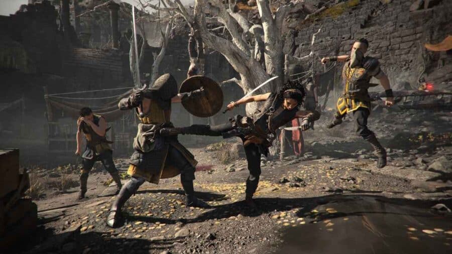 Sophia sferra un calcio volante contro un soldato con elmo e scudo mentre impugna una sciabola, accerchiata da altri mercenari tra alberi spogli e rovine in pietra.