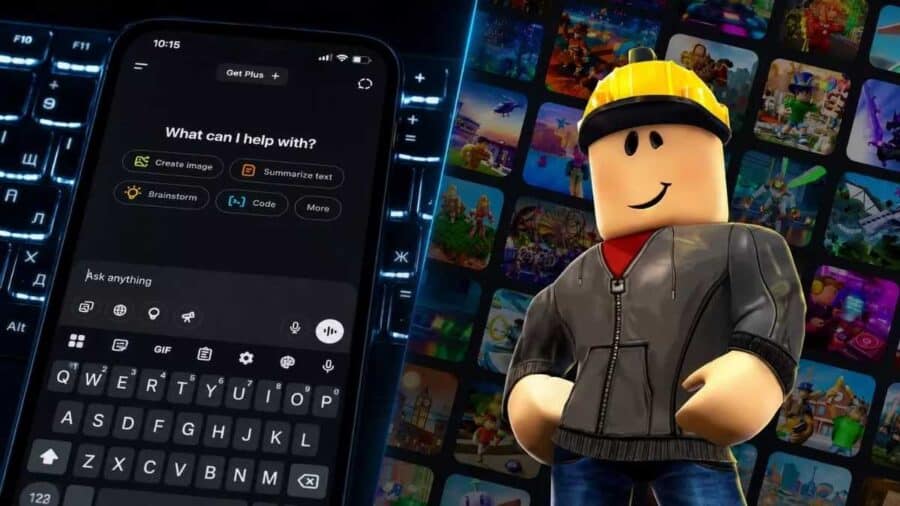 Composizione grafica che affianca, sulla sinistra, uno smartphone con l'interfaccia di un'intelligenza artificiale e, sulla destra, un avatar sorridente di Roblox con un caschetto giallo da cantiere, sovrapposto a una griglia di miniature di videogiochi.