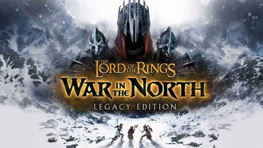 Artwork ufficiale de Il Signore degli Anelli: La Guerra del Nord Legacy Edition. In alto domina la figura minacciosa del malvagio Agandaûr incappucciato, mentre in basso i tre eroi protagonisti avanzano in un campo di battaglia innevato.