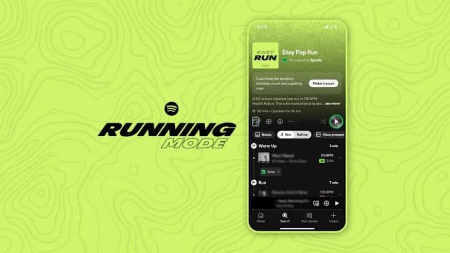 Interfaccia dell'applicazione Spotify su uno smartphone che mostra la schermata della nuova funzione Running Mode su sfondo verde, con un allenamento "Easy Pop Run" impostato a 135 BPM.