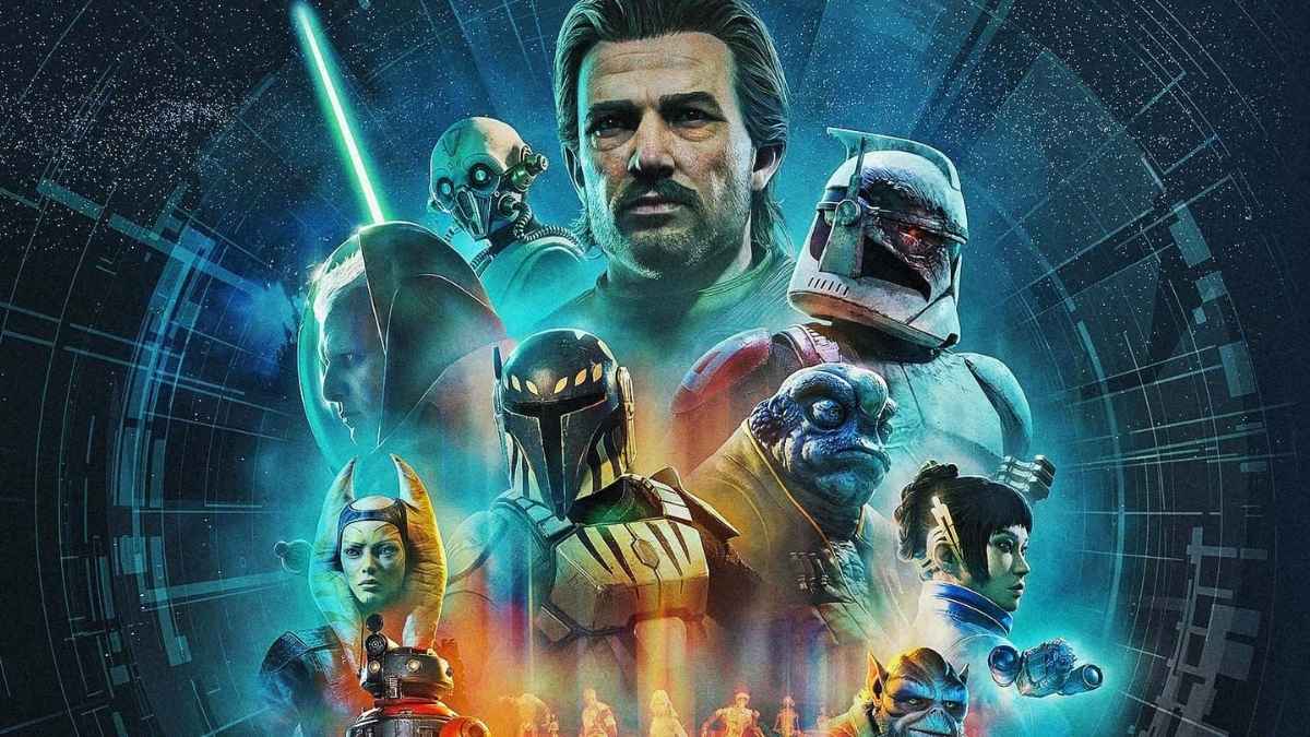 Artwork corale di Star Wars Zero Company con il comandante della squadra al centro circondato da guerrieri mandaloriani, cloni soldato, una togruta, alleati alieni e droidi.