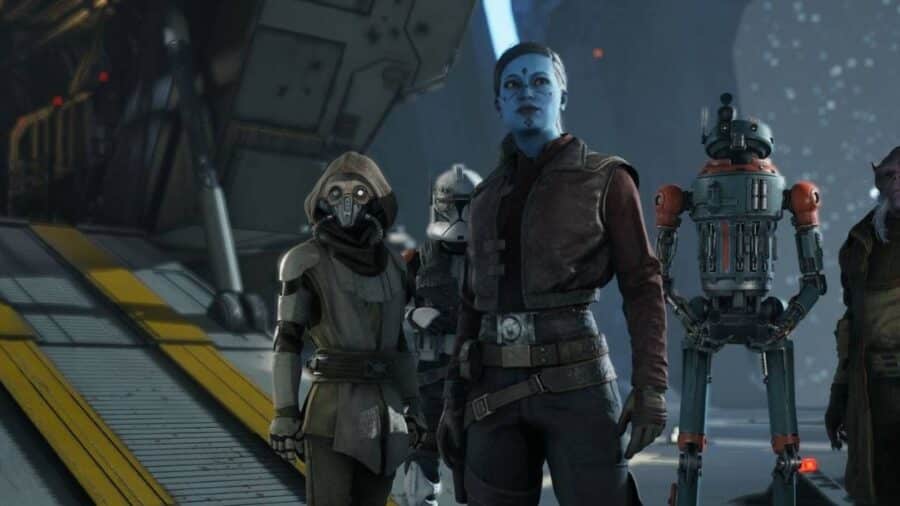 Schermata di gioco con una leader pantoriana dalla pelle blu al centro, affiancata da un esploratore mascherato con cappuccio, un clone soldato e un droide tattico sulla rampa di lancio di una nave.