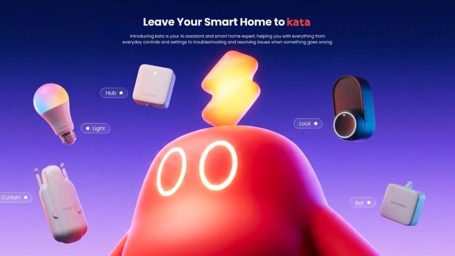 Mascotte rossa 3D dell'intelligenza artificiale SwitchBot kata, con un fulmine luminoso sulla testa, circondata da vari dispositivi domotici fluttuanti con le etichette Hub, Light, Curtain, Lock e Bot.