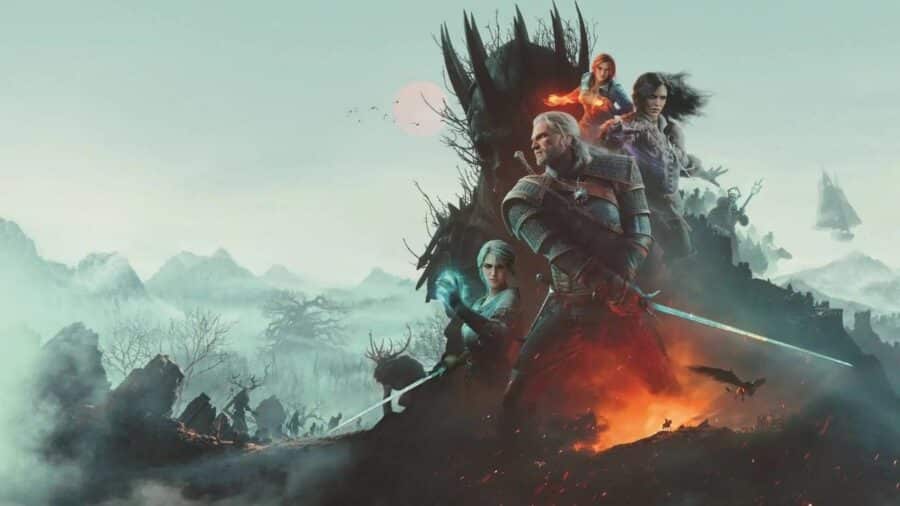 Artwork corale di The Witcher 3 con Geralt di Rivia al centro a spada sguainata, affiancato da Ciri, Yennefer e Triss Merigold, con l'elmo della Caccia Selvaggia e montagne nebbiose sullo sfondo.