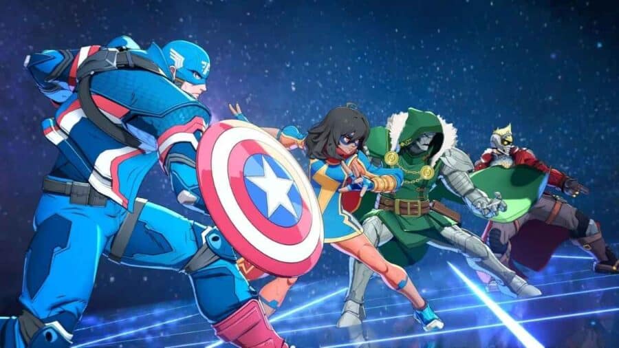 Schermata di pre-partita di Marvel Tōkon: Fighting Souls che mostra una squadra composta da Capitan America, Ms. Marvel, Dottor Destino e Star-Lord pronti al combattimento su uno sfondo spaziale blu con una griglia luminosa