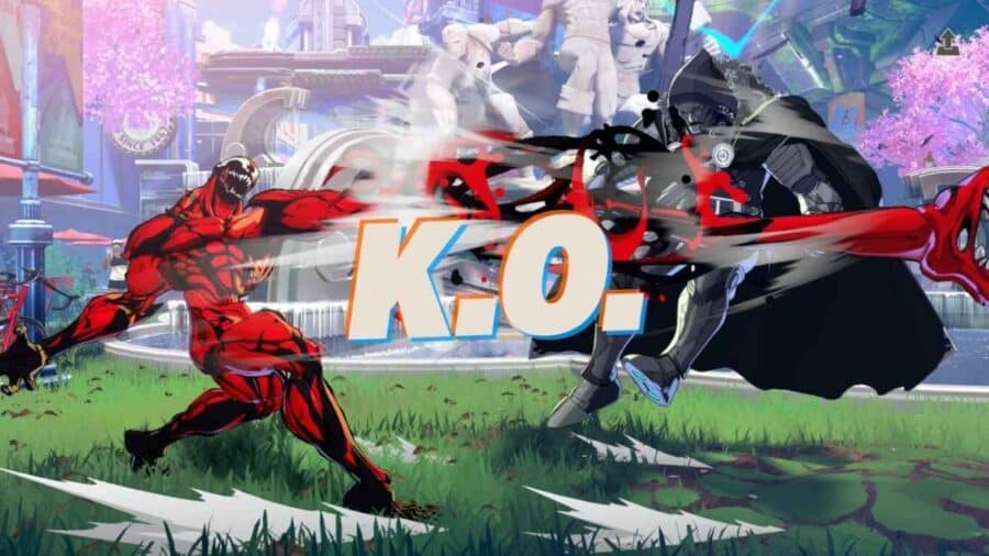 Il letale simbionte rosso Carnage sferra un colpo di grazia al Dottor Destino in un'arena che ricorda un parco cittadino. A centro schermo campeggia la grande scritta "K.O." in classico stile picchiaduro arcade.
