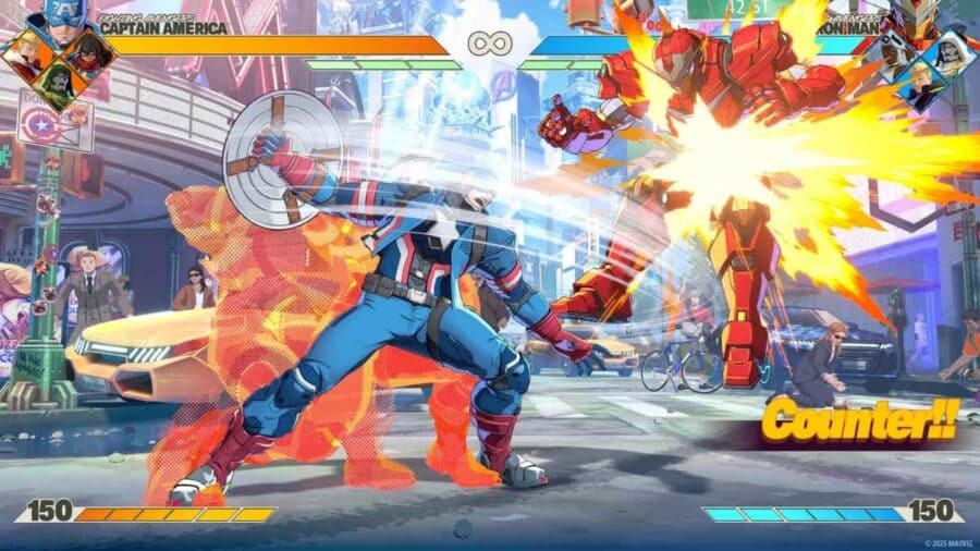 Nelle affollate strade di New York, Capitan America si ripara dietro il suo iconico scudo generando una barriera energetica per bloccare un potente attacco esplosivo dell'armatura Hulkbuster di Iron Man. In basso a destra compare la scritta "Counter!!"