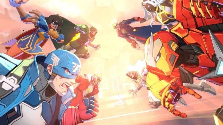 Inquadratura corale dal basso verso l'alto di due squadre Marvel in procinto di scontrarsi a mezz'aria. Da una parte vediamo Capitan America e Ms. Marvel, dall'altra spiccano l'enorme armatura Hulkbuster di Iron Man e Tempesta.