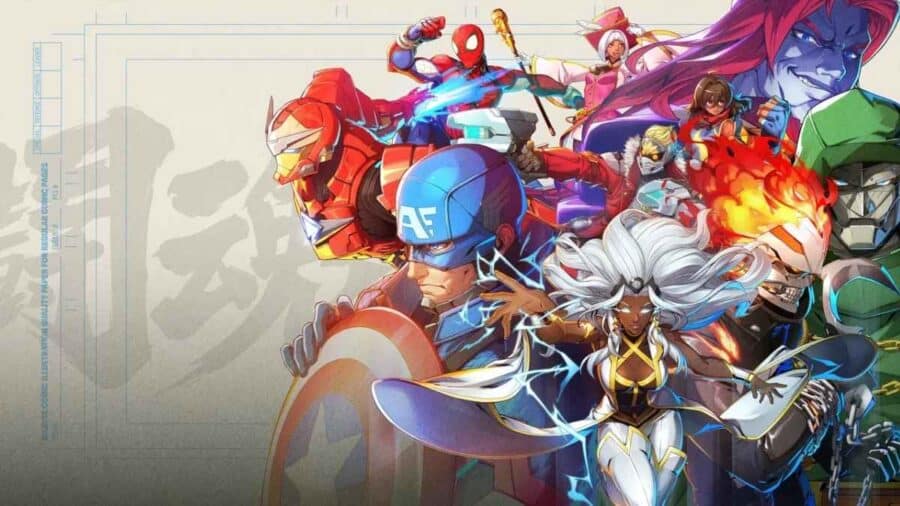 Illustrazione in stile fumetto manga con i protagonisti di Marvel Tōkon: Fighting Souls, tra cui Capitan America, Iron Man, Tempesta, Ghost Rider, Spider-Man e Dottor Destino in pose dinamiche.