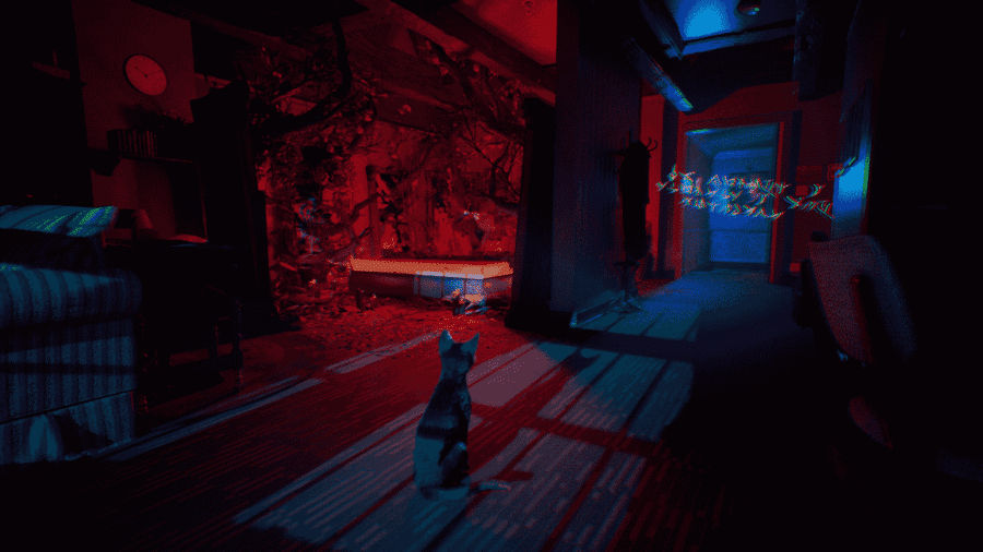 Un gatto seduto di spalle in un corridoio d'interni illuminato da luci al neon rosse e blu, con rami contorti su una parete e simboli magici fluttuanti sulla porta.
