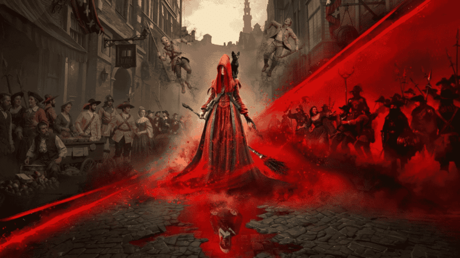 Artwork promozionale con Noa in abito rosso cremisi e un gatto nero sulla spalla al centro di una via di Amsterdam nel 1666, mentre uomini armati e popolani levitano a mezz'aria travolti da scie scarlatte.