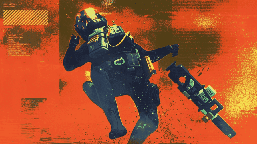 Un corridore in tuta spaziale futuristica fluttua in un'ambientazione dai toni arancioni con un'arma high-tech vicina, nello stile visivo di Marathon.