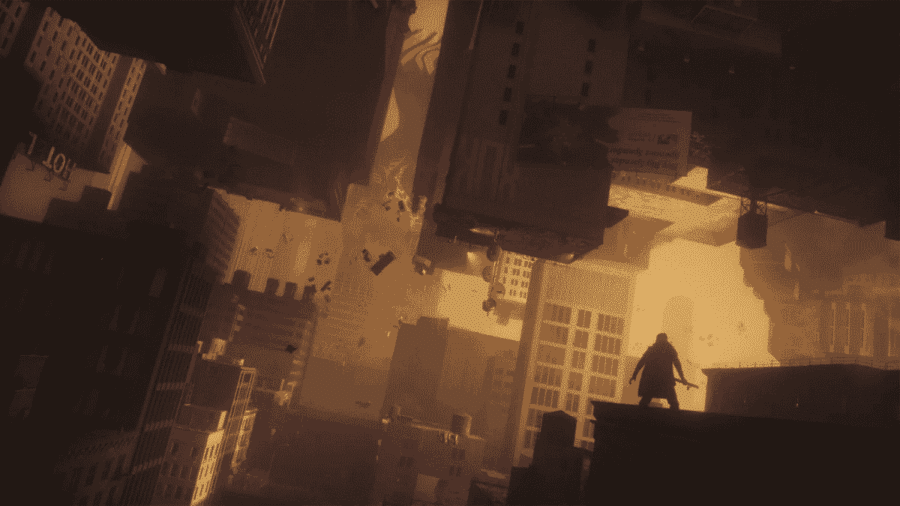 Silhouette di Dylan in piedi sul cornicione di un edificio di fronte a una colossale Manhattan rovesciata e sospesa a testa in giù in un cielo dorato.