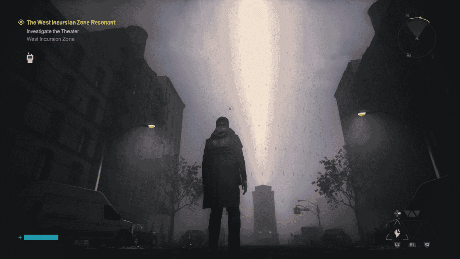 Schermata di gioco con visuale alle spalle di Dylan che fissa una colonna di luce bianca accecante salire verso il cielo al termine di un viale alberato.