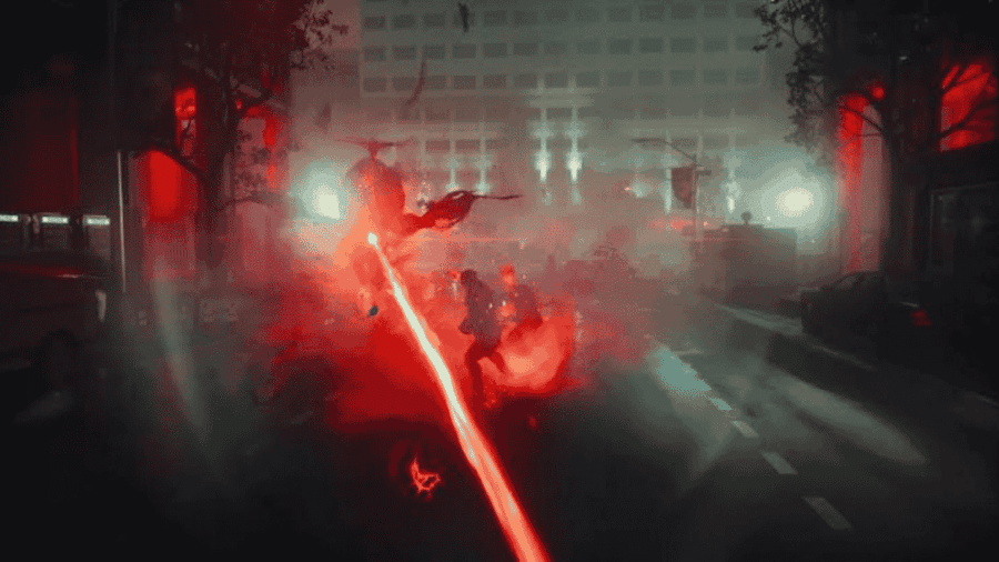 Concitata scena di combattimento notturna avvolta da nebbia rossa e fumo denso, squarciata da un raggio laser fiammeggiante e particelle luminose.