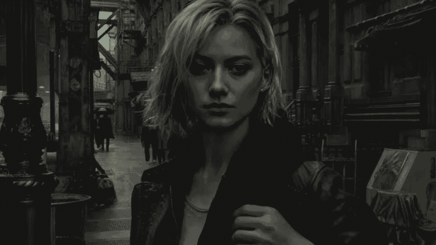 Primo piano di un personaggio femminile con capelli biondi in un vicolo urbano notturno e fotorealistico, reso con il rendering neurale del DLSS 5.